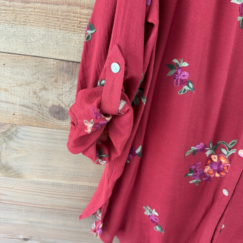 Fig & Flower‎ Womens Shirt Roll Tab Sleeve Button Up Embroidered Floral Boho 2X - Picture 4 of 9